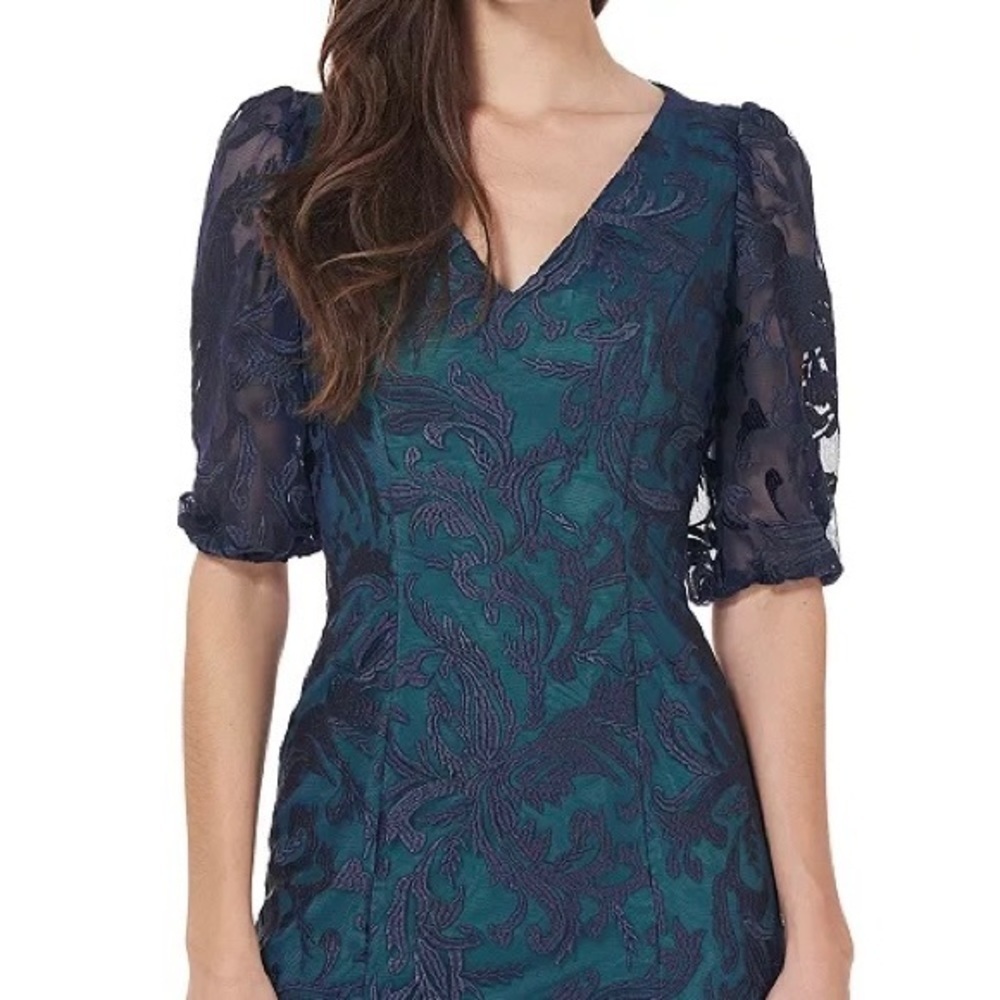 JS Collections Embroidered Sheath Dress in Navy Blue/Kelly Green - Picture 3 of 14